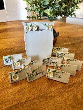 Vintage Shafford Floral 3D Porcelain Reusable Place Card Holders & Menu Board